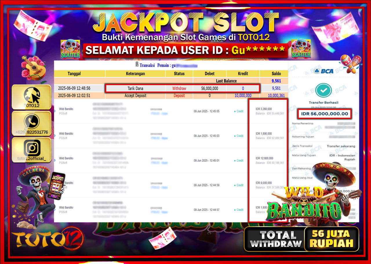 HANYA DI TOTO12 JP PASTI DI BAYAR LUNAS DAN CEPAT!!!!!! JACKPOT SLOT GAME (WILD BANDITO) Rp.56.000.000 !!!!