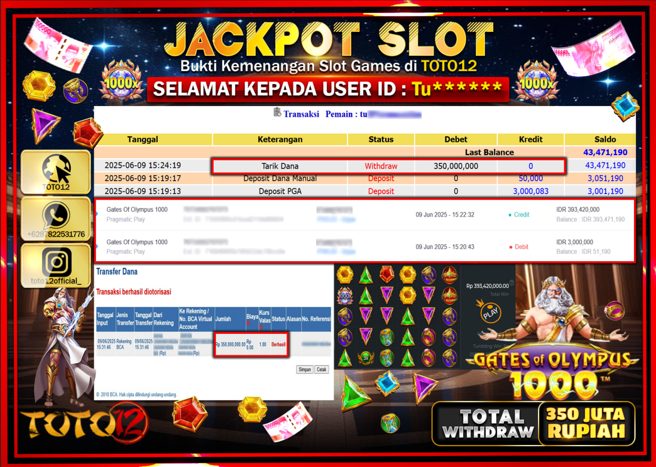 HANYA DI TOTO12 JP PASTI DI BAYAR LUNAS DAN CEPAT!!!!!! JACKPOT SLOT GAME (GATES OF OLYMPUS 1000) Rp.350.000.000 !!!!