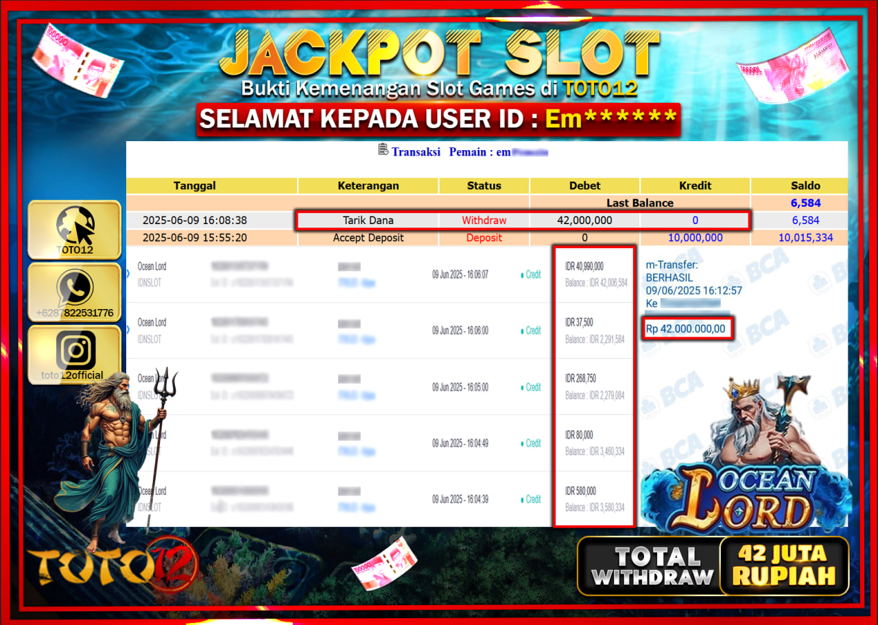 HANYA DI TOTO12 JP PASTI DI BAYAR LUNAS DAN CEPAT!!!!!! JACKPOT SLOT GAME (OCEAN LORD) Rp.42.000.000 !!!!