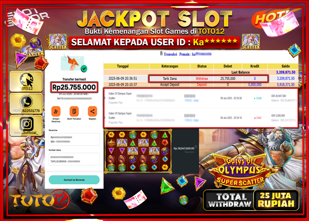 HANYA DI TOTO12 JP PASTI DI BAYAR LUNAS DAN CEPAT!!!!!! JACKPOT SLOT GAME (GATES OF OLYMPUS SUPER SCATTER) Rp.25.000.000 !!!!