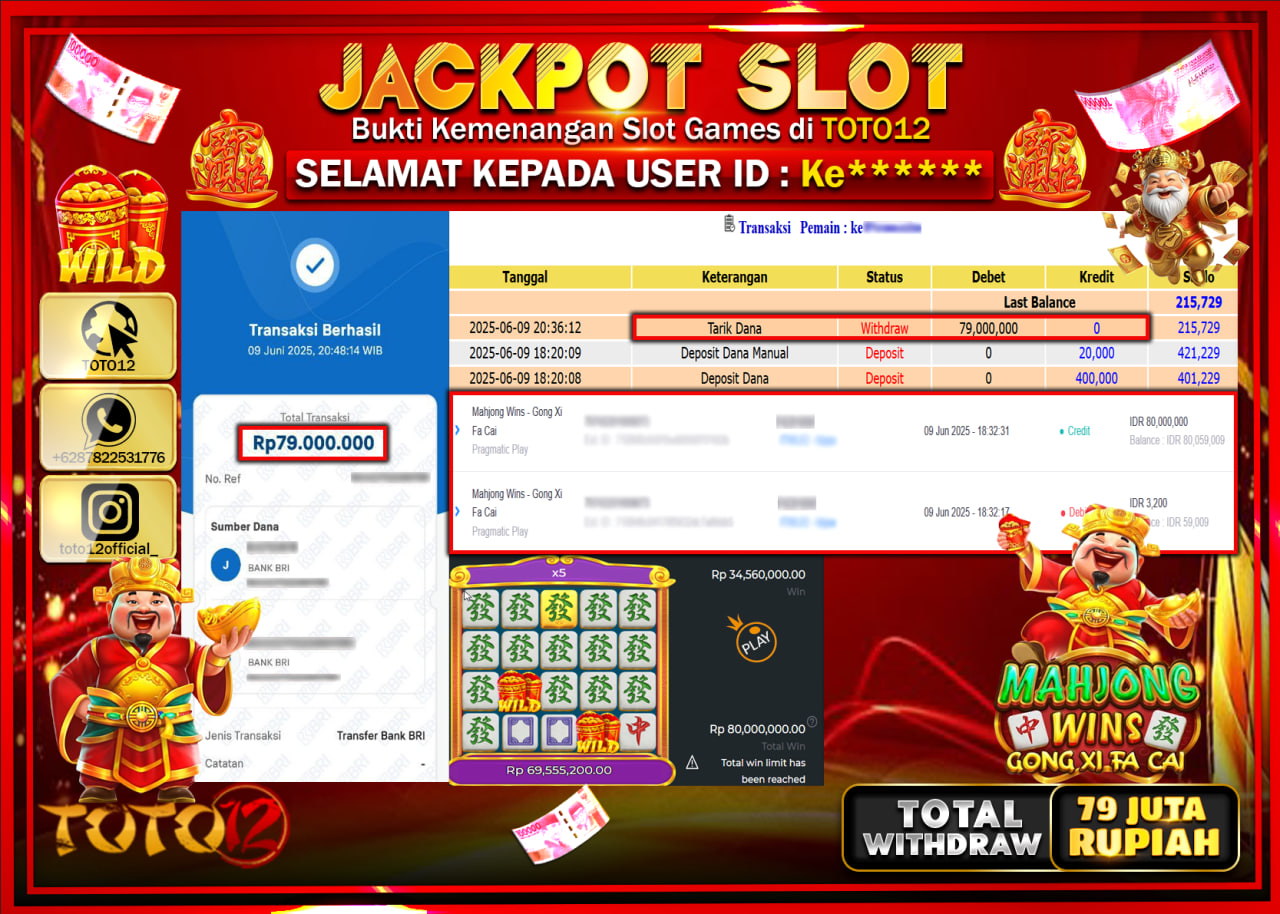 HANYA DI TOTO12 JP PASTI DI BAYAR LUNAS DAN CEPAT!!!!!! JACKPOT SLOT GAME (MAHJONG WINS GONG XI FA CAI) Rp.79.000.000 !!!!