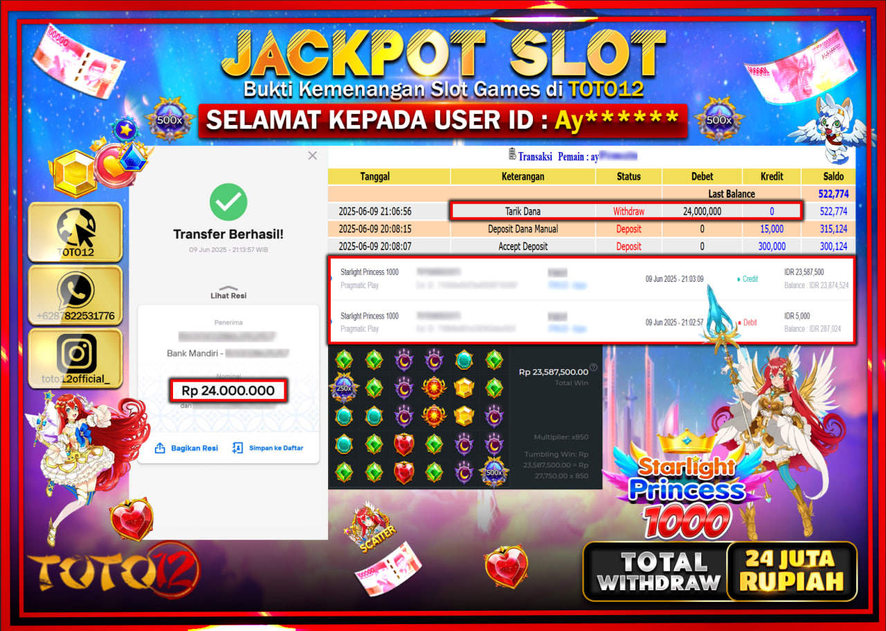 HANYA DI TOTO12 JP PASTI DI BAYAR LUNAS DAN CEPAT!!!!!! JACKPOT SLOT GAME (STARLIGHT PRINCESS 1000) Rp.24.000.000 !!!!
