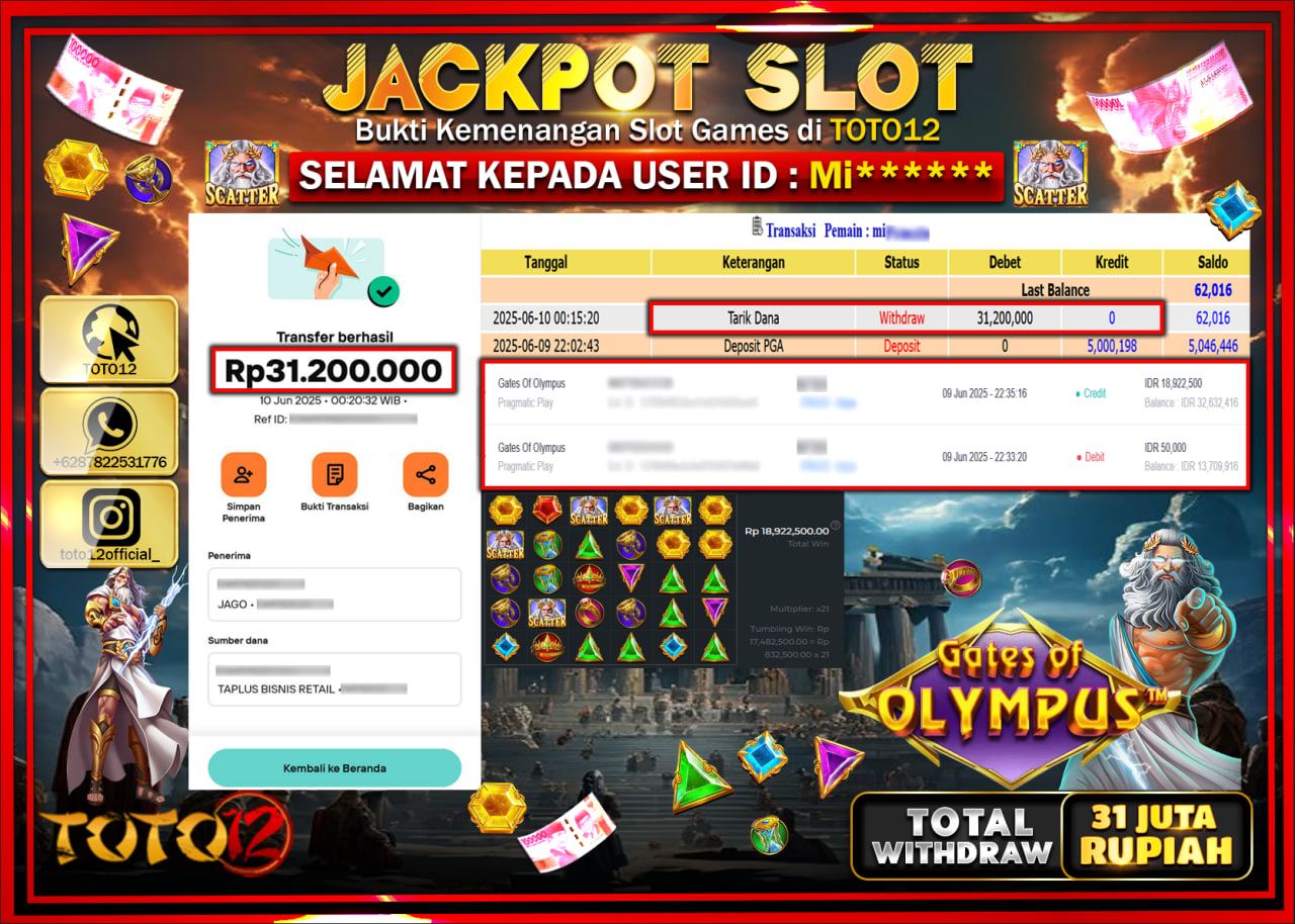 HANYA DI TOTO12 JP PASTI DI BAYAR LUNAS DAN CEPAT!!!!!! JACKPOT SLOT GAME (GATES OF OLYMPUS) Rp.31.000.000 !!!!