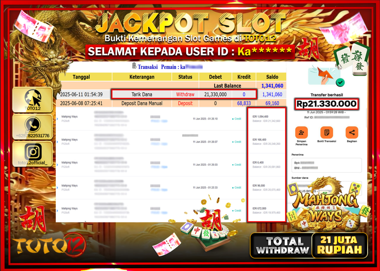 HANYA DI TOTO12 JP PASTI DI BAYAR LUNAS DAN CEPAT!!!!!! JACKPOT SLOT GAME (MAHJONG WAYS) Rp.21.330.000 !!!!