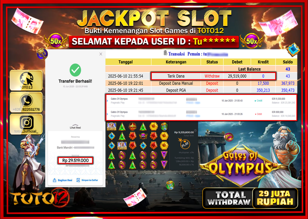 HANYA DI TOTO12 JP PASTI DI BAYAR LUNAS DAN CEPAT!!!!!! JACKPOT SLOT GAME (GATES OF OLYMPUS) Rp.29.000.000 !!!!