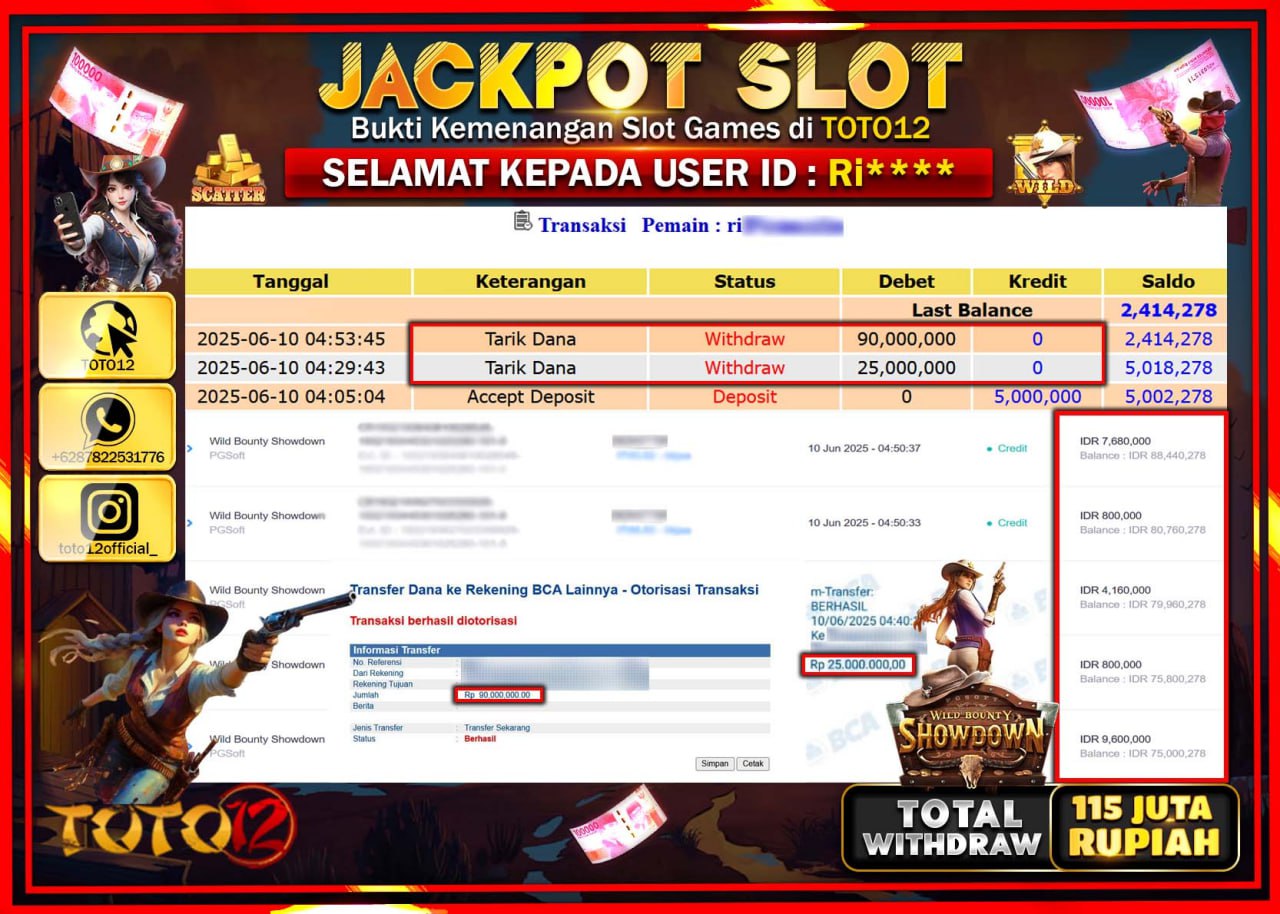 HANYA DI TOTO12 JP PASTI DI BAYAR LUNAS DAN CEPAT!!!!!! JACKPOT SLOT GAME (WILD BOUNTY SHOWDOWN) Rp.115.000.000 !!!!