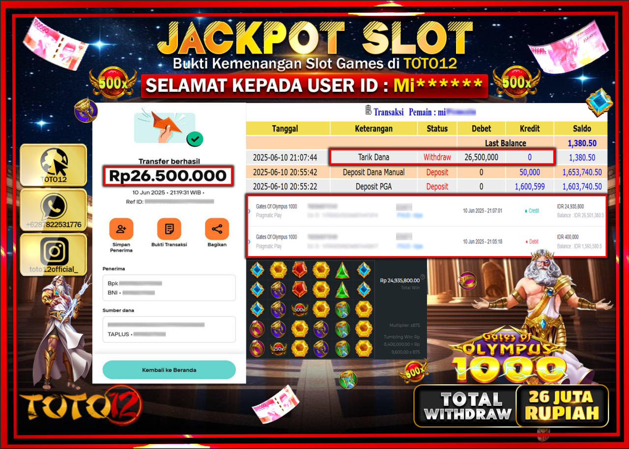 HANYA DI TOTO12 JP PASTI DI BAYAR LUNAS DAN CEPAT!!!!!! JACKPOT SLOT GAME (GATES OF OLYMPUS 1000) Rp.26.000.000 !!!!