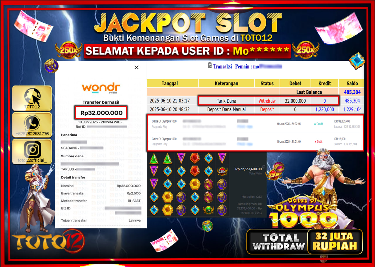 HANYA DI TOTO12 JP PASTI DI BAYAR LUNAS DAN CEPAT!!!!!! JACKPOT SLOT GAME (GATES OF OLYMPUS 1000) Rp.32.000.000 !!!!