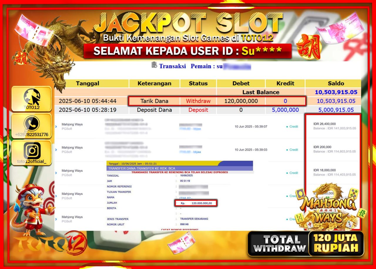 HANYA DI TOTO12 JP PASTI DI BAYAR LUNAS DAN CEPAT!!!!!! JACKPOT SLOT GAME (MAHJONG WAYS) Rp.120.000.000 !!!!