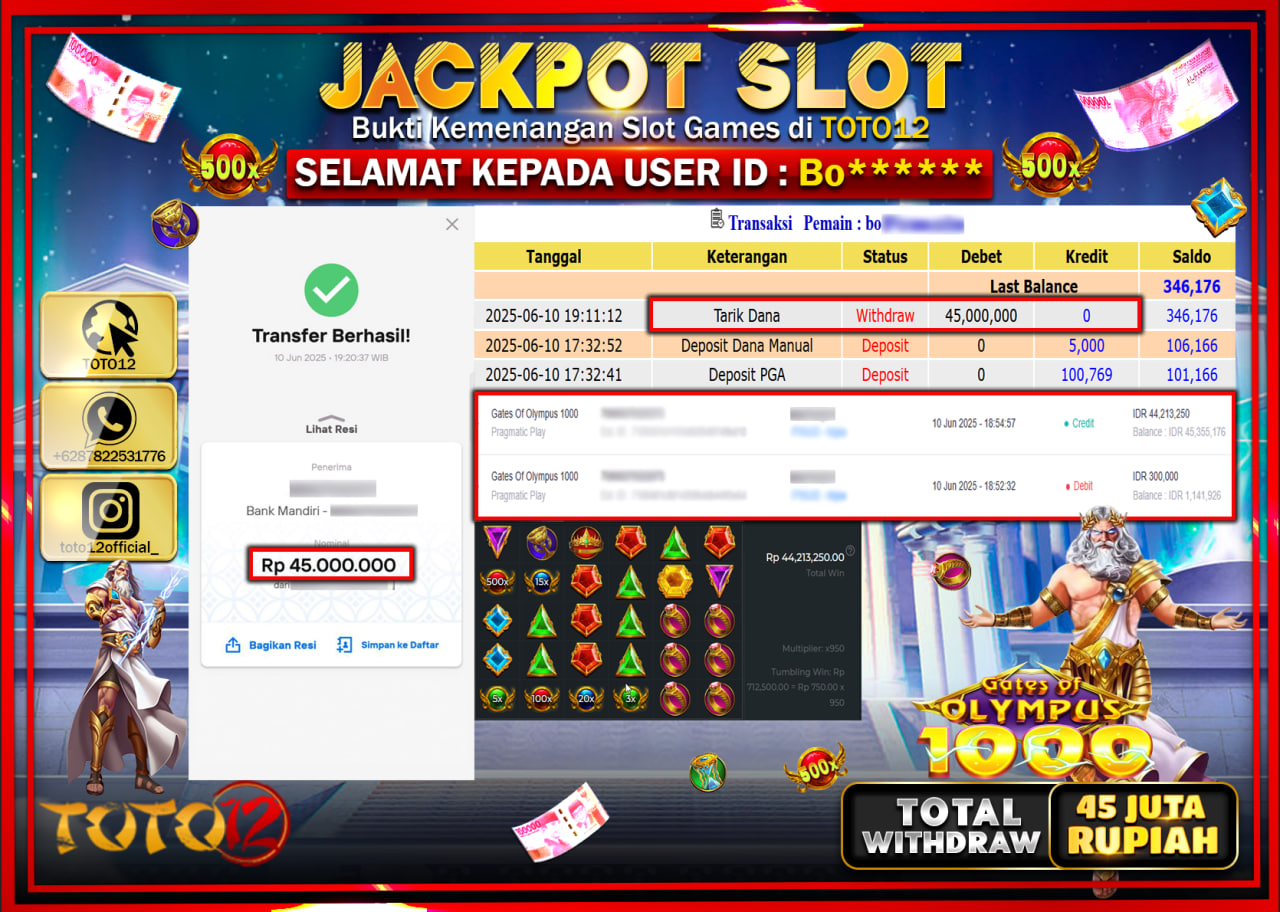 HANYA DI TOTO12 JP PASTI DI BAYAR LUNAS DAN CEPAT!!!!!! JACKPOT SLOT GAME (GATES OF OLYMPUS 1000) Rp.45.000.000 !!!!
