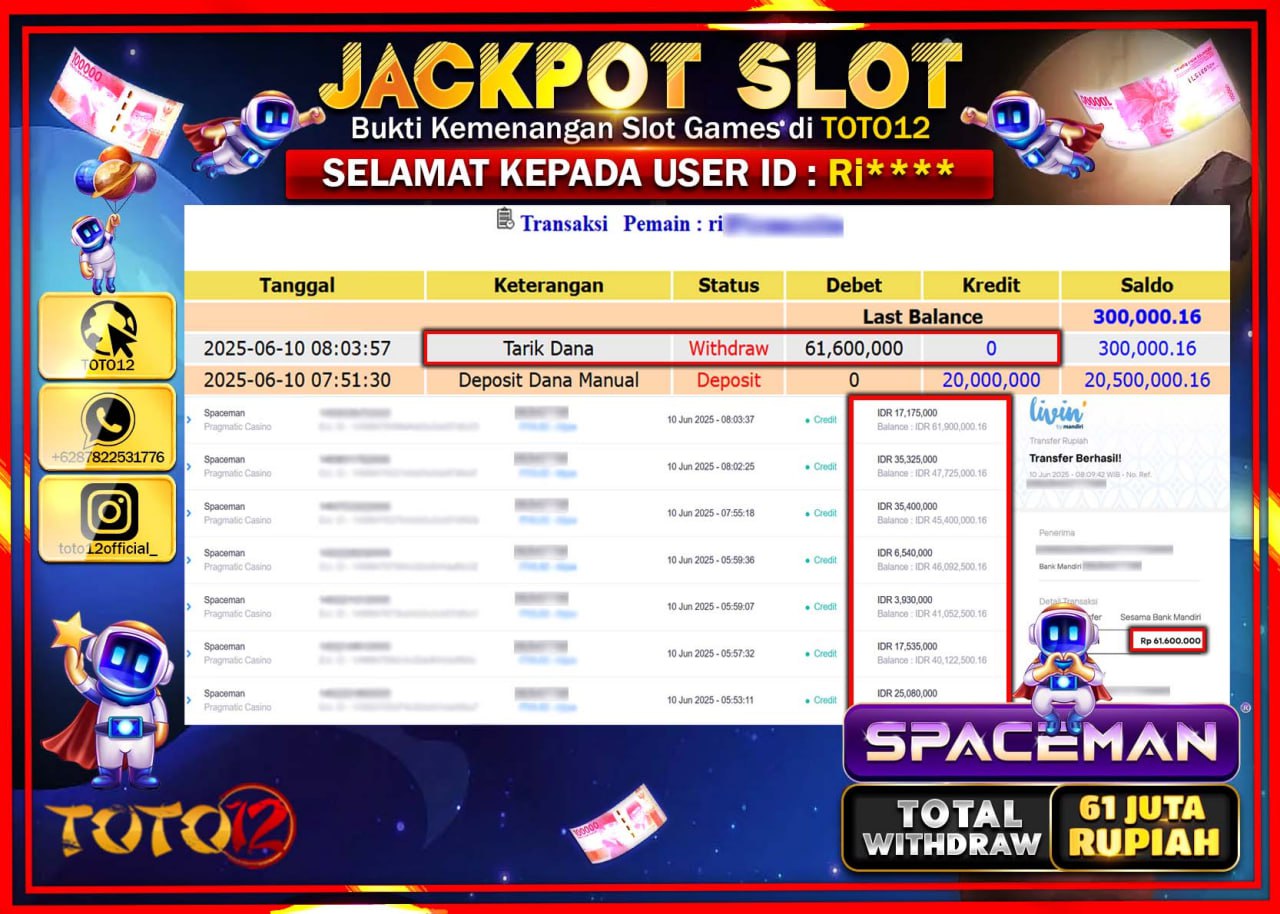 HANYA DI TOTO12 JP PASTI DI BAYAR LUNAS DAN CEPAT!!!!!! JACKPOT SLOT GAME (SPACEMAN) Rp.61.000.000 !!!!