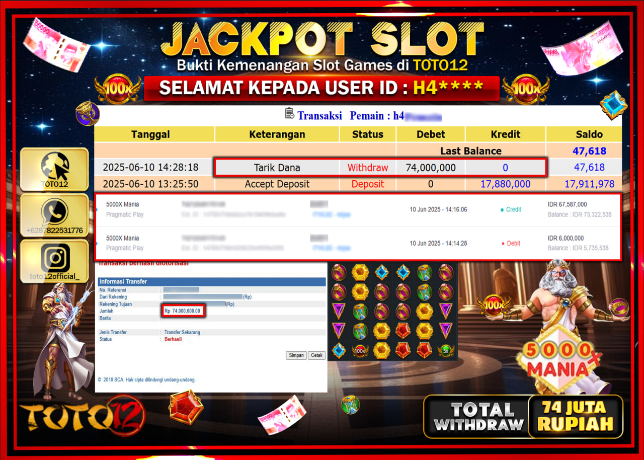 HANYA DI TOTO12 JP PASTI DI BAYAR LUNAS DAN CEPAT!!!!!! JACKPOT SLOT GAME (5000X MANIA) Rp.74.000.000 !!!!