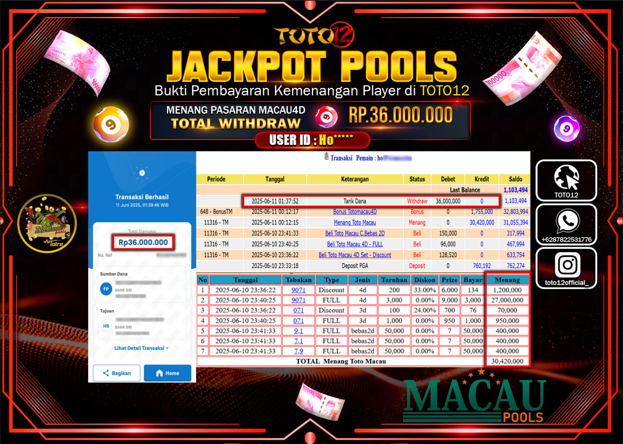 HANYA DI TOTO12 JP PASTI DI BAYAR LUNAS DAN CEPAT!!!!!! JACKPOT POOLS PASARAN (TOTO MACAU4D) Rp.36.000.000 !!!!