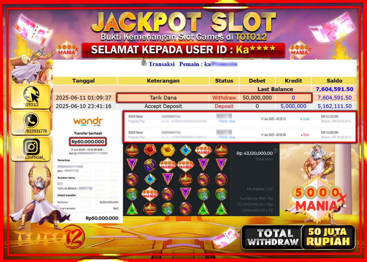 HANYA DI TOTO12 JP PASTI DI BAYAR LUNAS DAN CEPAT!!!!!! JACKPOT SLOT GAME (5000X MANIA) Rp.50.000.000 !!!!