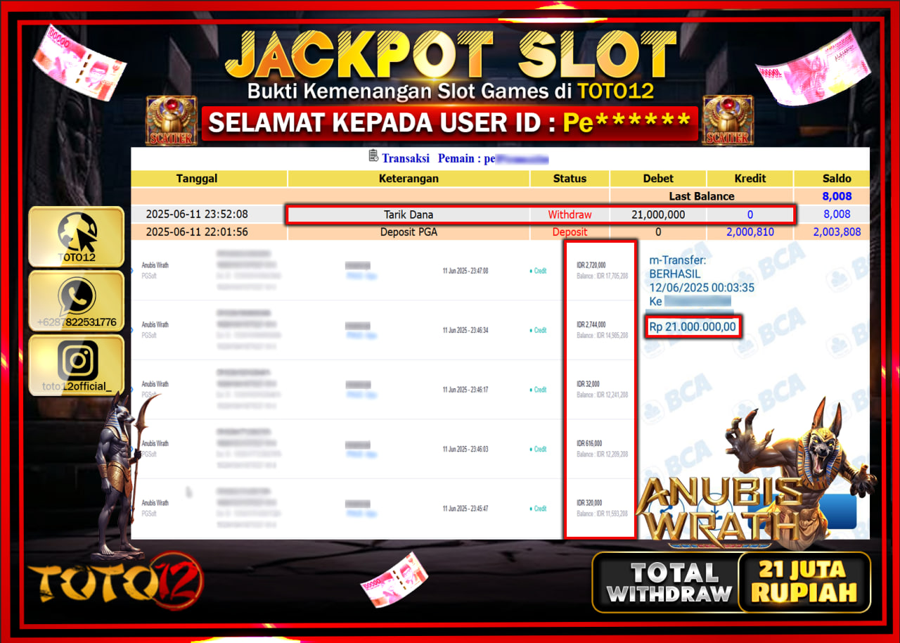 HANYA DI TOTO12 JP PASTI DI BAYAR LUNAS DAN CEPAT!!!!!! JACKPOT SLOT GAME (ANUBIS WRATH) Rp.21.000.000 !!!!