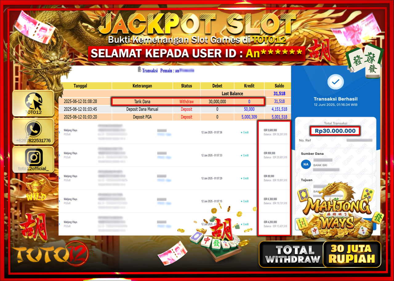 HANYA DI TOTO12 JP PASTI DI BAYAR LUNAS DAN CEPAT!!!!!! JACKPOT SLOT GAME (MAHJONG WAYS) Rp.30.000.000 !!!!
