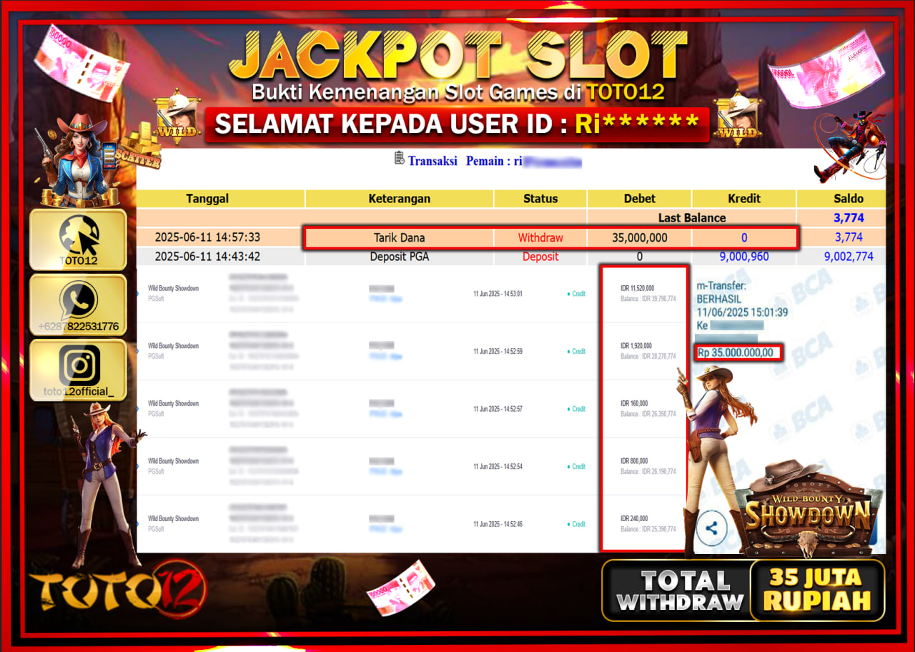 HANYA DI TOTO12 JP PASTI DI BAYAR LUNAS DAN CEPAT!!!!!! JACKPOT SLOT GAME (WILD BOUNTY SHOWDOWN) Rp.35.000.000 !!!!