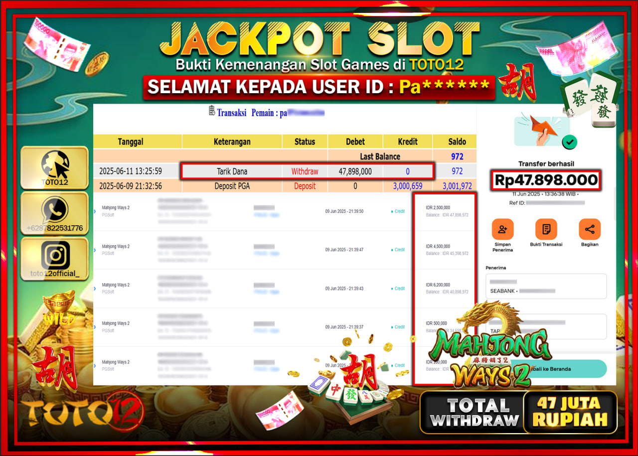 HANYA DI TOTO12 JP PASTI DI BAYAR LUNAS DAN CEPAT!!!!!! JACKPOT SLOT GAME (MAHJONG WAYS 2) Rp.47.000.000 !!!!