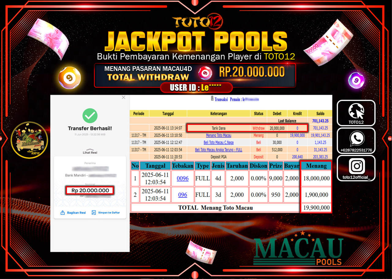 HANYA DI TOTO12 JP PASTI DI BAYAR LUNAS DAN CEPAT!!!!!! JACKPOT POOLS PASARAN (T0TO MACAU4D) Rp.20.000.000 !!!!
