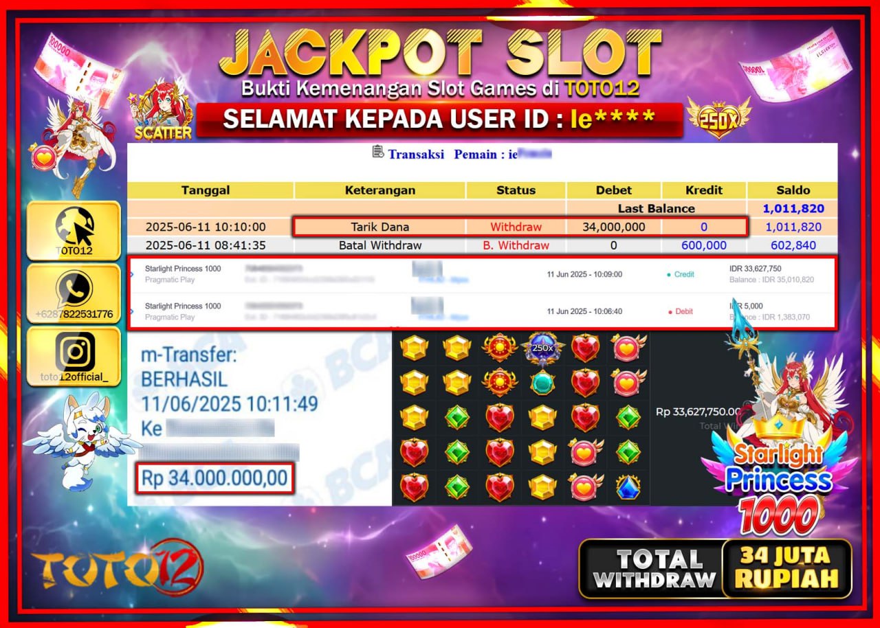 HANYA DI TOTO12 JP PASTI DI BAYAR LUNAS DAN CEPAT!!!!!! JACKPOT SLOT GAME (STARLIGHT PRINCESS 1000) Rp.34.000.000 !!!!