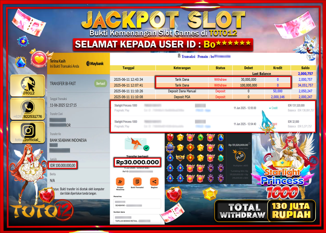 HANYA DI TOTO12 JP PASTI DI BAYAR LUNAS DAN CEPAT!!!!!! JACKPOT SLOT GAME (STARLIGHT PRINCESS 1000) Rp.130.000.000 !!!!