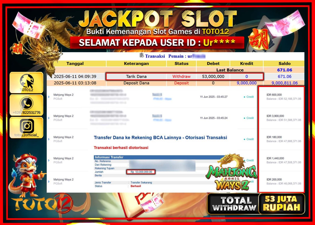 HANYA DI TOTO12 JP PASTI DI BAYAR LUNAS DAN CEPAT!!!!!! JACKPOT SLOT GAME (MAHJONG WAYS 2) Rp.53.000.000 !!!!