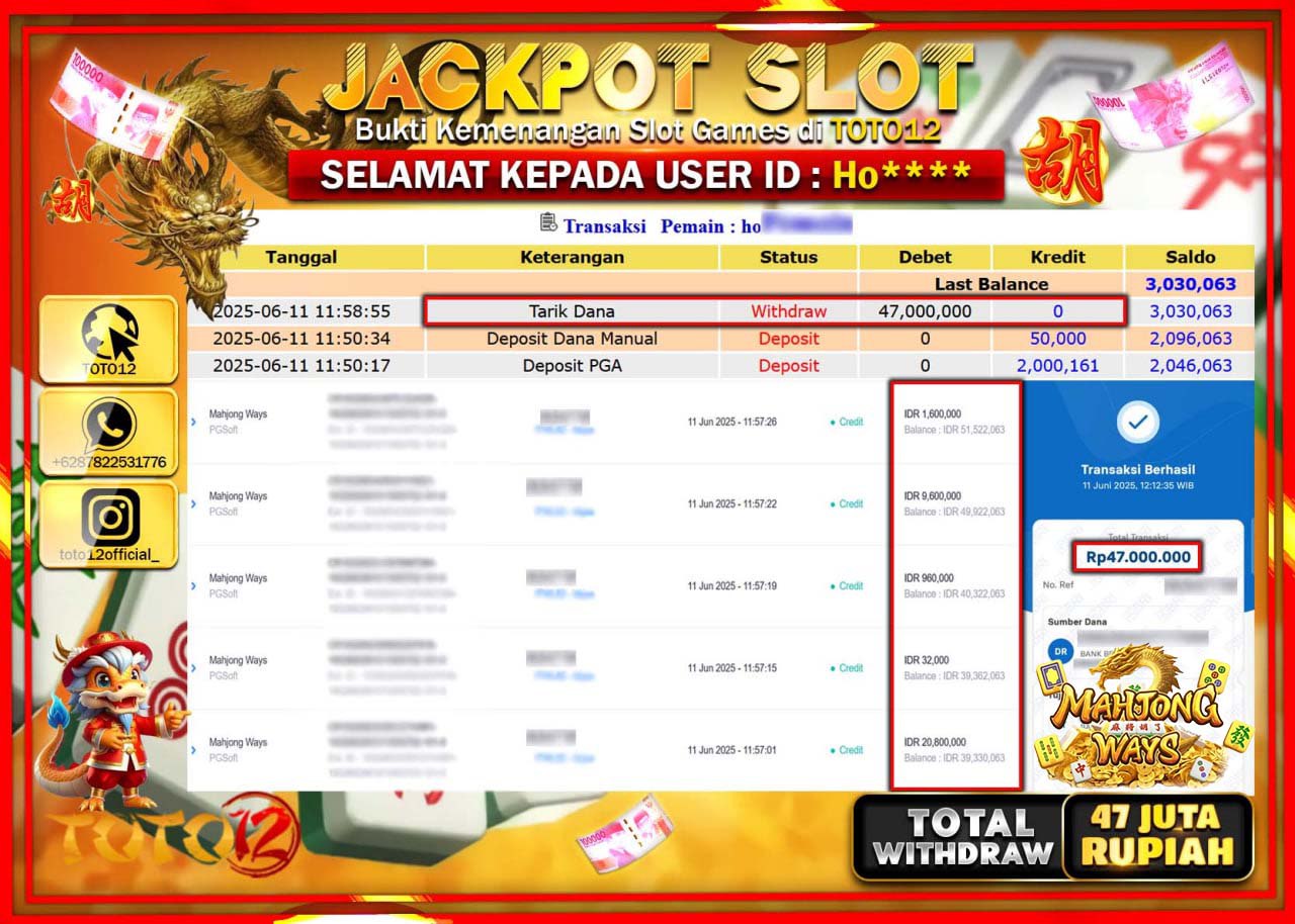 HANYA DI TOTO12 JP PASTI DI BAYAR LUNAS DAN CEPAT!!!!!! JACKPOT SLOT GAME (MAHJONG WAYS) Rp.47.000.000 !!!!