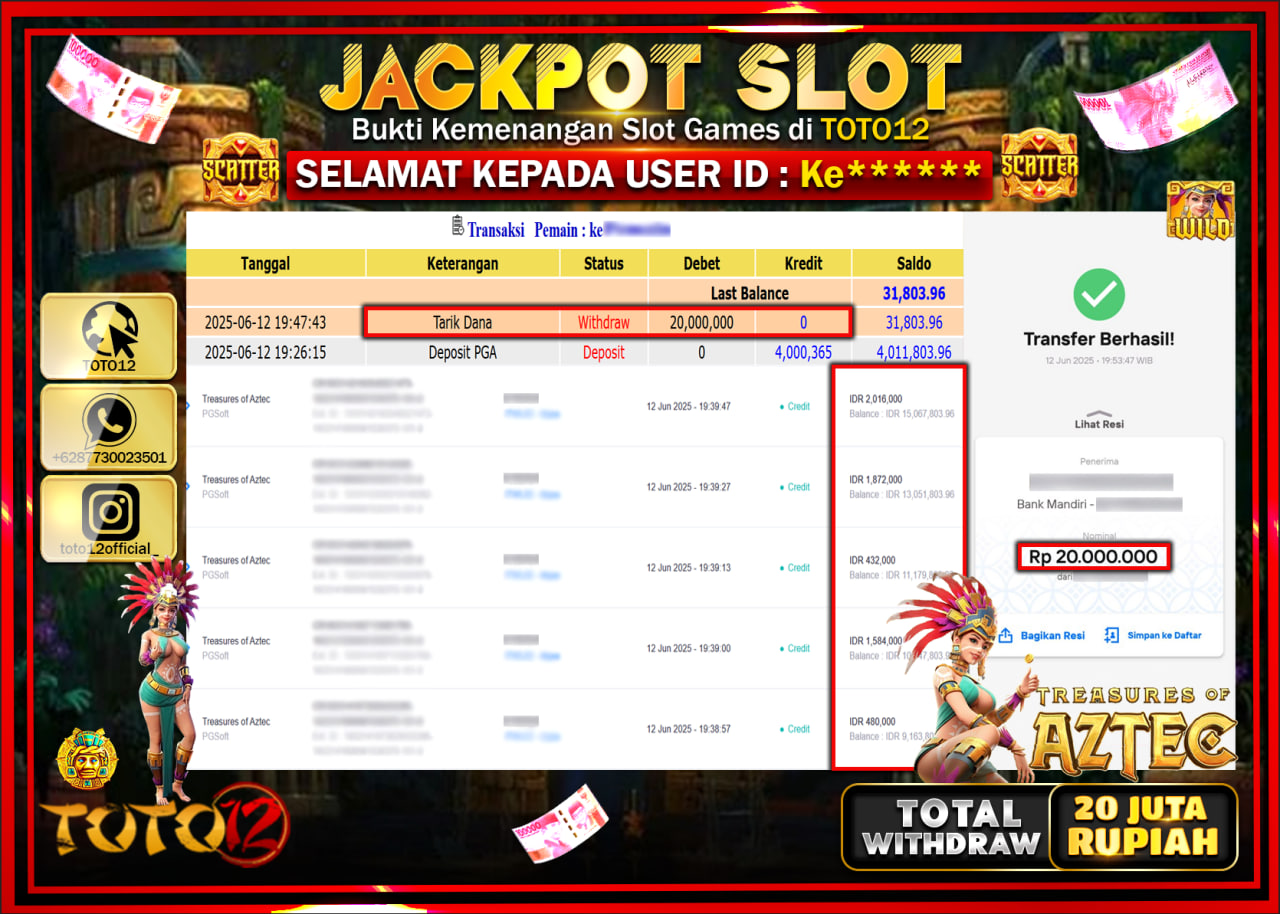 HANYA DI TOTO12 JP PASTI DI BAYAR LUNAS DAN CEPAT!!!!!! JACKPOT SLOT GAME (TREASURES OF AZTEC) Rp.20.000.000 !!!!