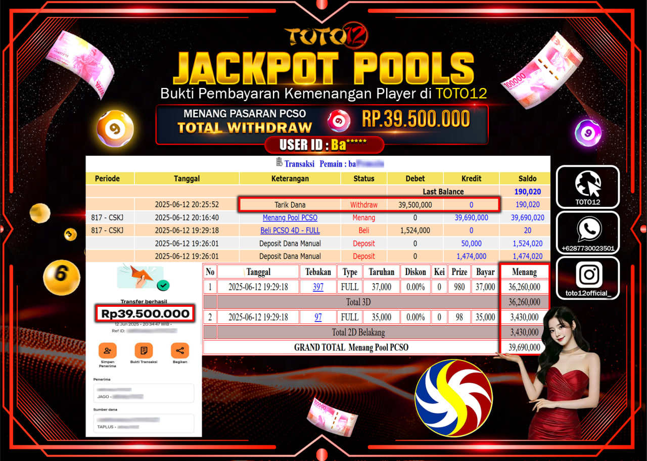 HANYA DI TOTO12 JP PASTI DI BAYAR LUNAS DAN CEPAT!!!!!! JACKPOT POOLS PASARAN (PSCO) Rp.39.500.000 !!!!