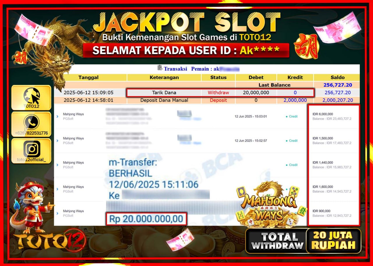 HANYA DI TOTO12 JP PASTI DI BAYAR LUNAS DAN CEPAT!!!!!! JACKPOT SLOT GAME (MAHJONG WAYS) Rp.20.000.000 !!!!