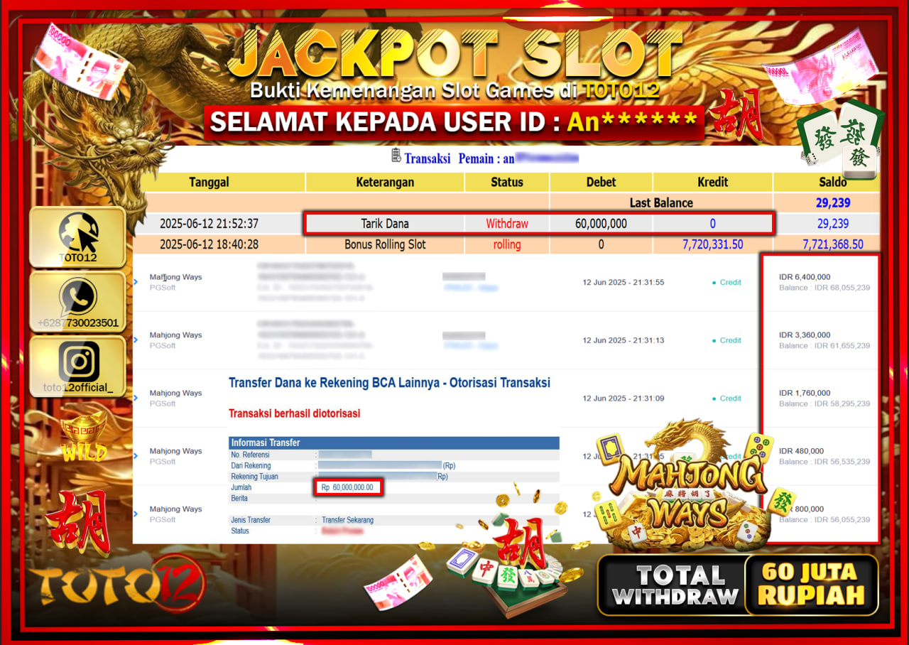 HANYA DI TOTO12 JP PASTI DI BAYAR LUNAS DAN CEPAT!!!!!! JACKPOT SLOT GAME (MAHJONG WAYS) Rp.60.000.000 !!!!