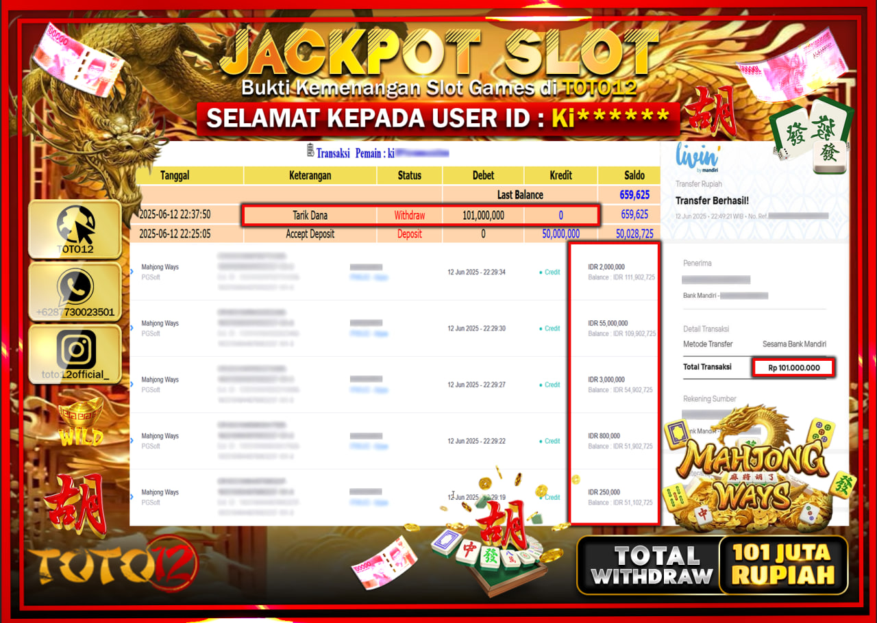 HANYA DI TOTO12 JP PASTI DI BAYAR LUNAS DAN CEPAT!!!!!! JACKPOT SLOT GAME (MAHJONG WAYS) Rp.101.000.000 !!!!