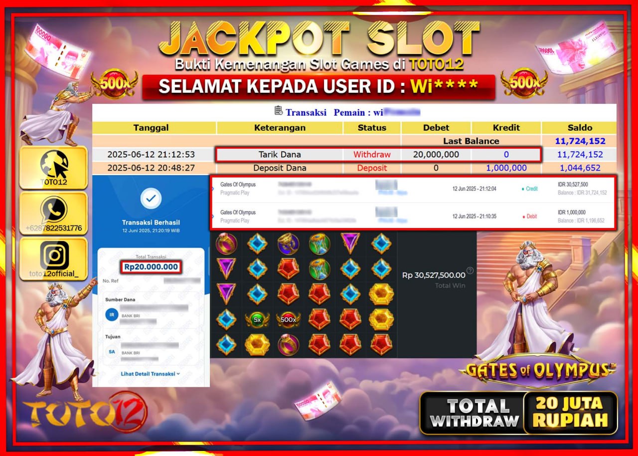 HANYA DI TOTO12 JP PASTI DI BAYAR LUNAS DAN CEPAT!!!!!! JACKPOT SLOT GAME (GATES OF OLYMPUS) Rp.20.000.000 !!!!