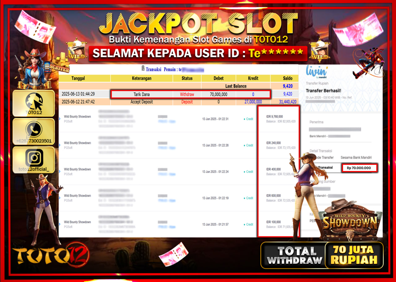 HANYA DI TOTO12 JP PASTI DI BAYAR LUNAS DAN CEPAT!!!!!! JACKPOT SLOT GAME (WILD BOUNTY SHOWDOWN) Rp.70.000.000 !!!!
