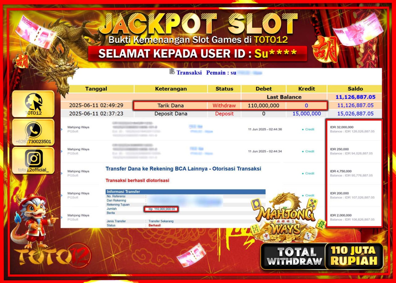 HANYA DI TOTO12 JP PASTI DI BAYAR LUNAS DAN CEPAT!!!!!! JACKPOT SLOT GAME (MAHJONG WAYS) Rp.110.000.000 !!!!