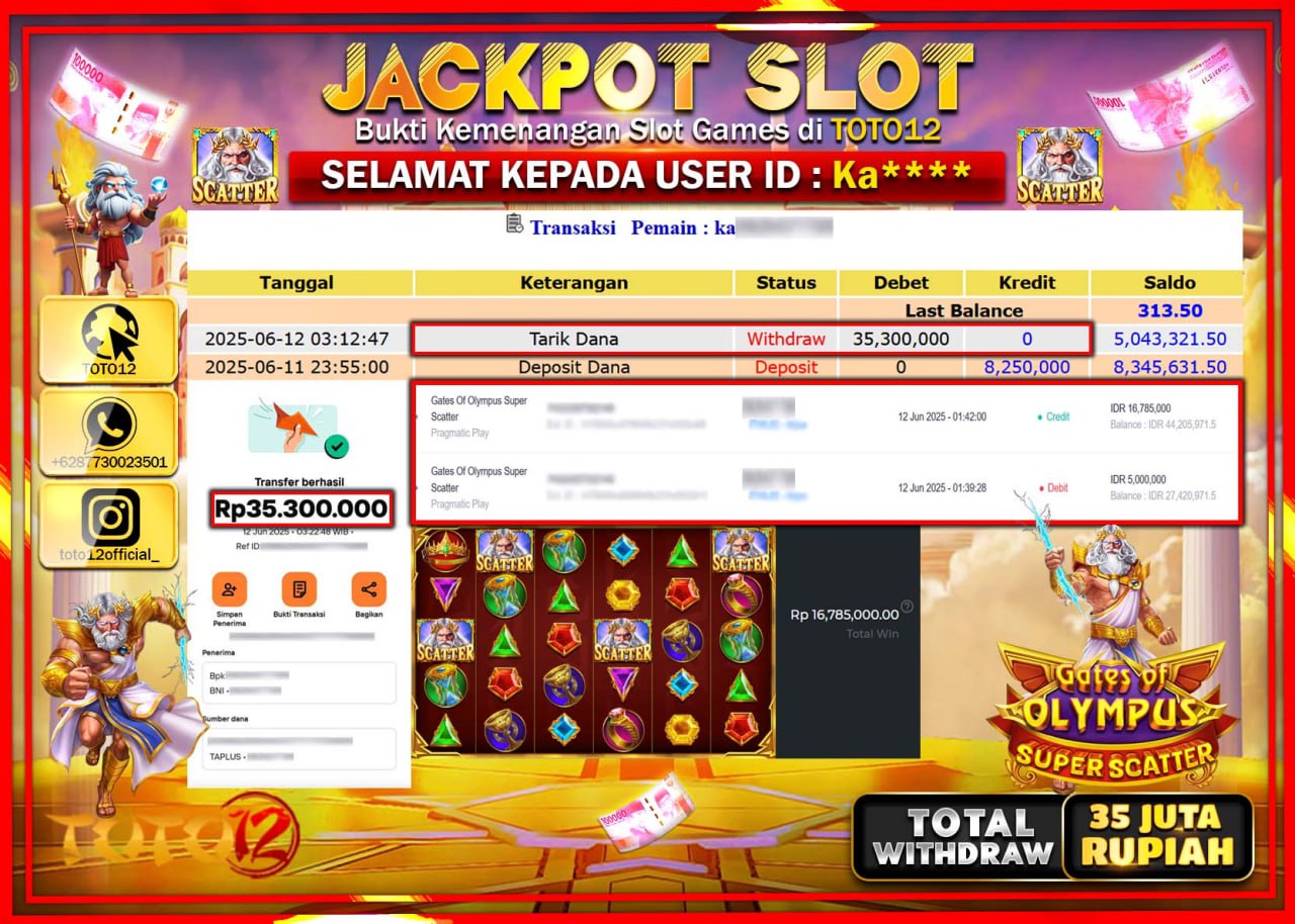 HANYA DI TOTO12 JP PASTI DI BAYAR LUNAS DAN CEPAT!!!!!! JACKPOT SLOT GAME (GATES OF OLYMPUS 1000) Rp.35.000.000 !!!!