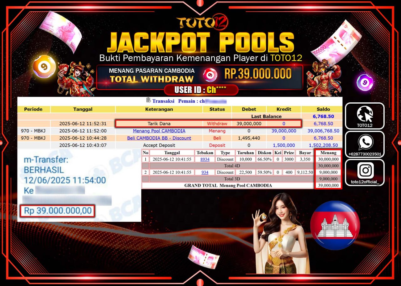 HANYA DI TOTO12 JP PASTI DI BAYAR LUNAS DAN CEPAT!!!!!! JACKPOT POOLS PASARAN (CAMBODIA) Rp.39.000.000 !!!!