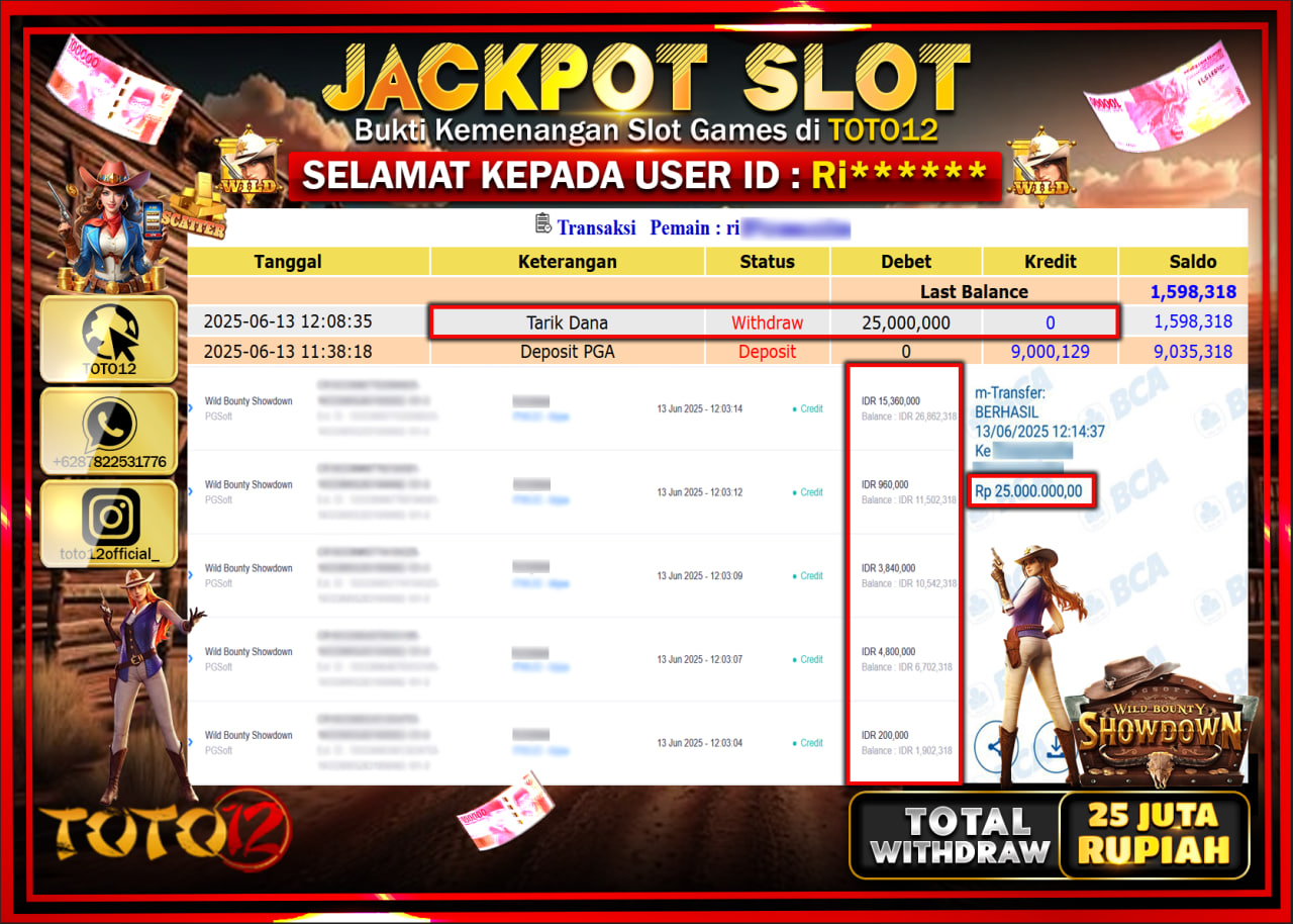 HANYA DI TOTO12 JP PASTI DI BAYAR LUNAS DAN CEPAT!!!!!! JACKPOT SLOT GAME (WILD BOUNTY SHOWDOWN) Rp.25.000.000 !!!!
