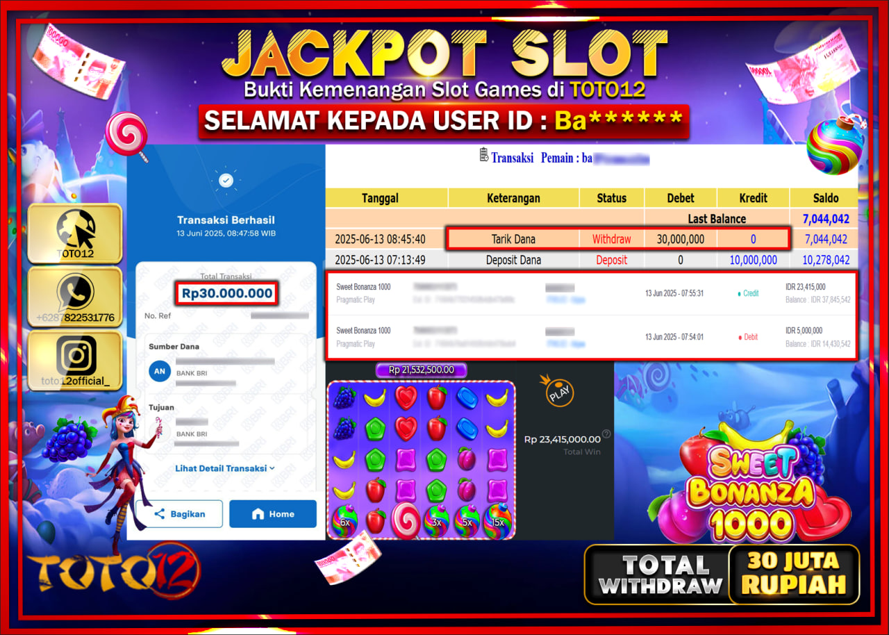 HANYA DI TOTO12 JP PASTI DI BAYAR LUNAS DAN CEPAT!!!!!! JACKPOT SLOT GAME (SWEET BONANZA 1000) Rp.30.000.000 !!!!