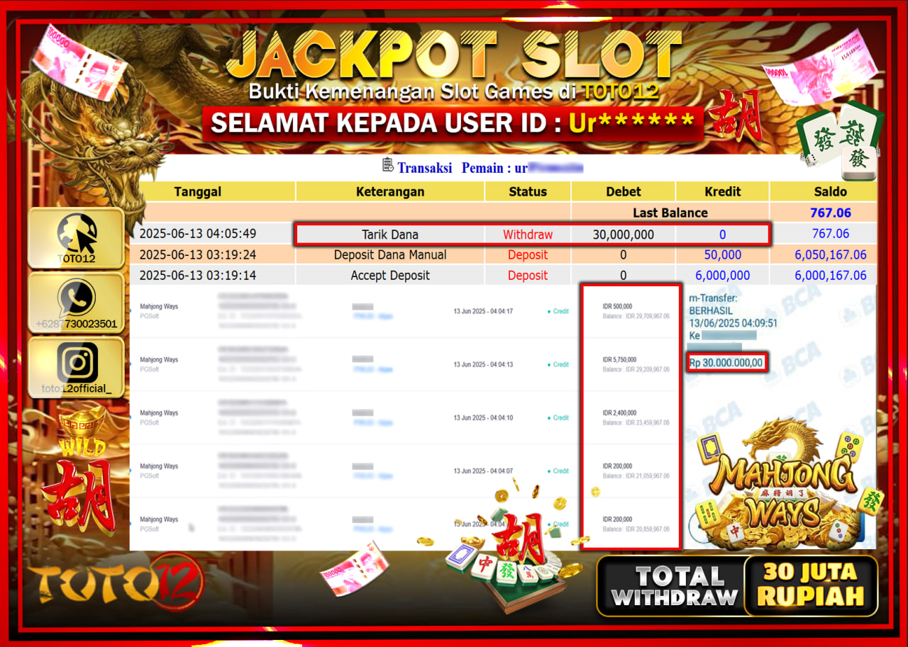HANYA DI TOTO12 JP PASTI DI BAYAR LUNAS DAN CEPAT!!!!!! JACKPOT SLOT GAME (MAHJONG WAYS) Rp.30.000.000 !!!!