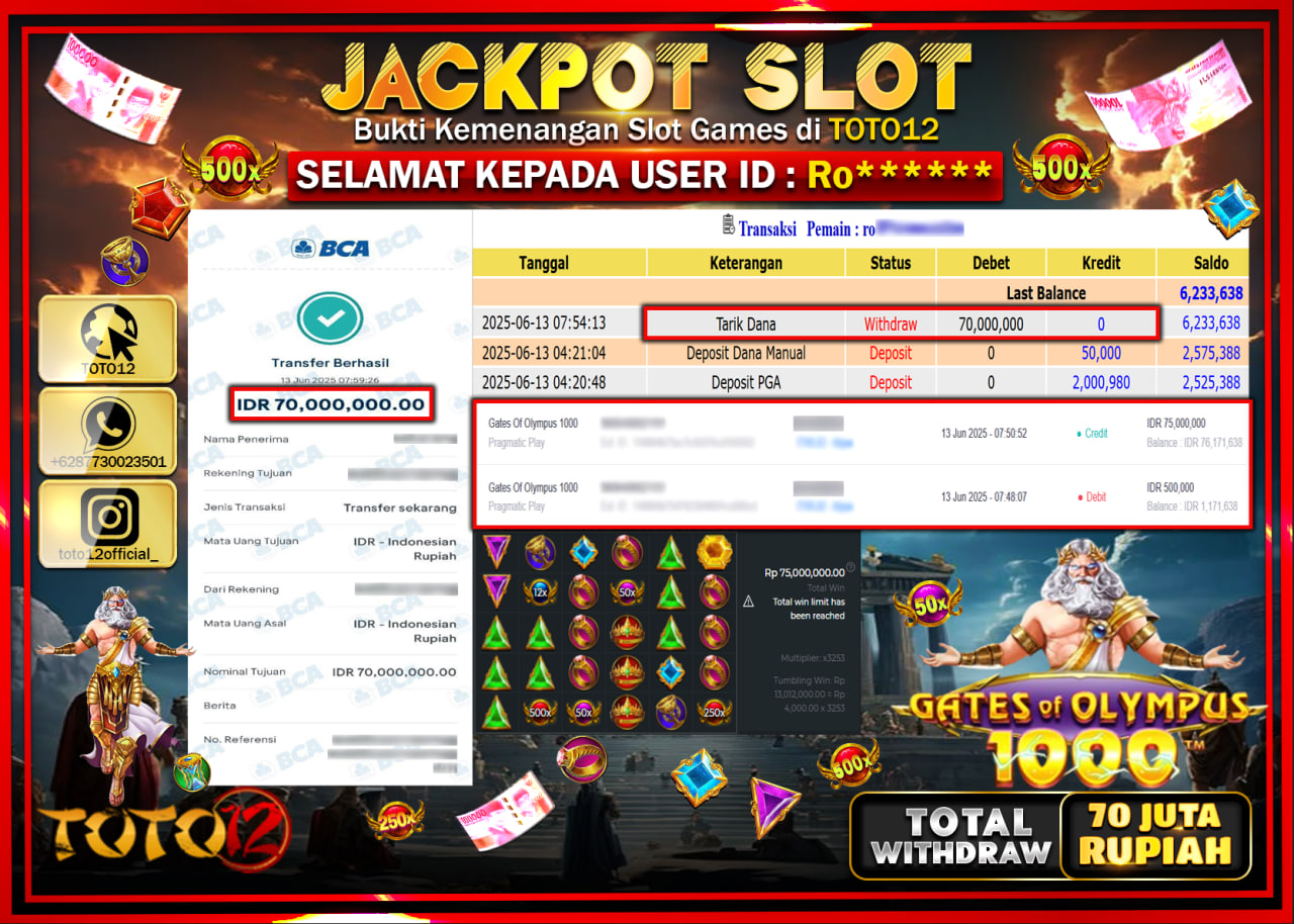 HANYA DI TOTO12 JP PASTI DI BAYAR LUNAS DAN CEPAT!!!!!! JACKPOT SLOT GAME (GATES OF OLYMPUS 1000) Rp.70.000.000 !!!!