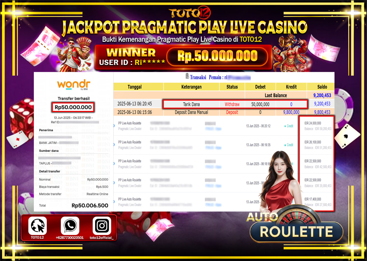 HANYA DI TOTO12 JP PASTI DI BAYAR LUNAS DAN CEPAT!!!!!! JACKPOT PRAGMATIC PLAY LIVE CASINO(AUTO ROULETTE) Rp.50.000.000 !!!!