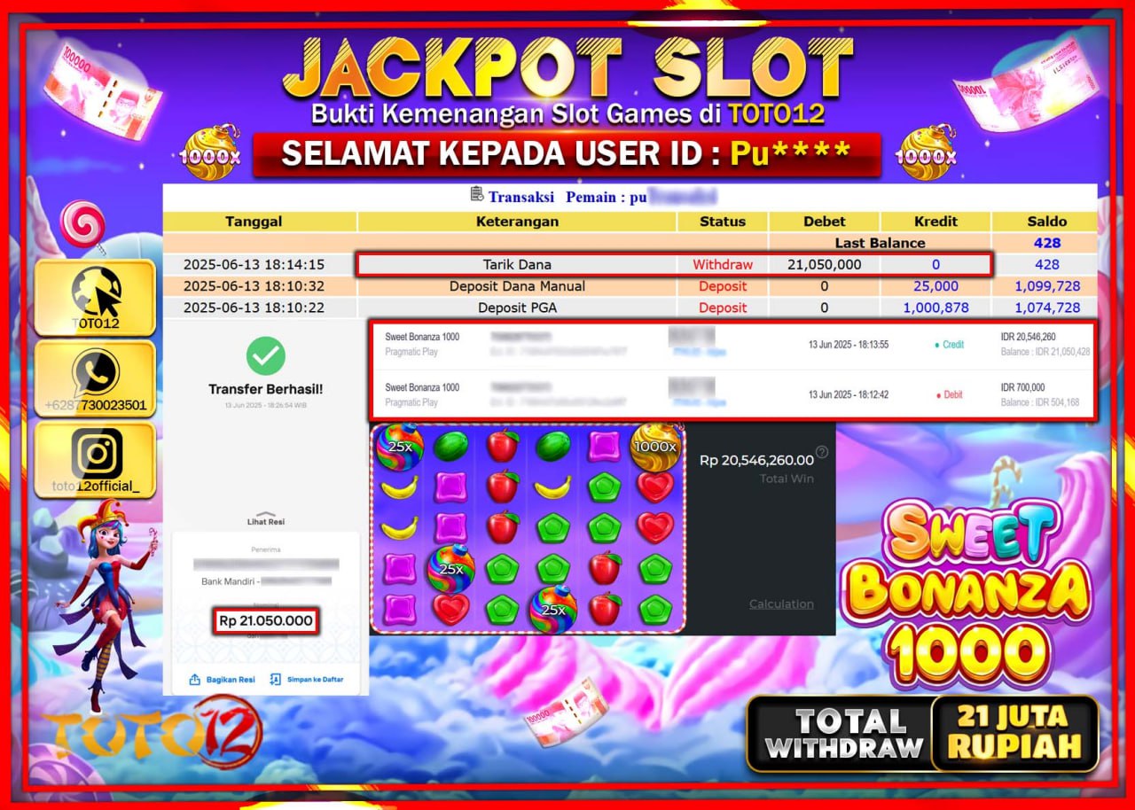 HANYA DI TOTO12 JP PASTI DI BAYAR LUNAS DAN CEPAT!!!!!! JACKPOT SLOT GAME (SWEET BONANZA 1000) Rp.21.000.000 !!!!