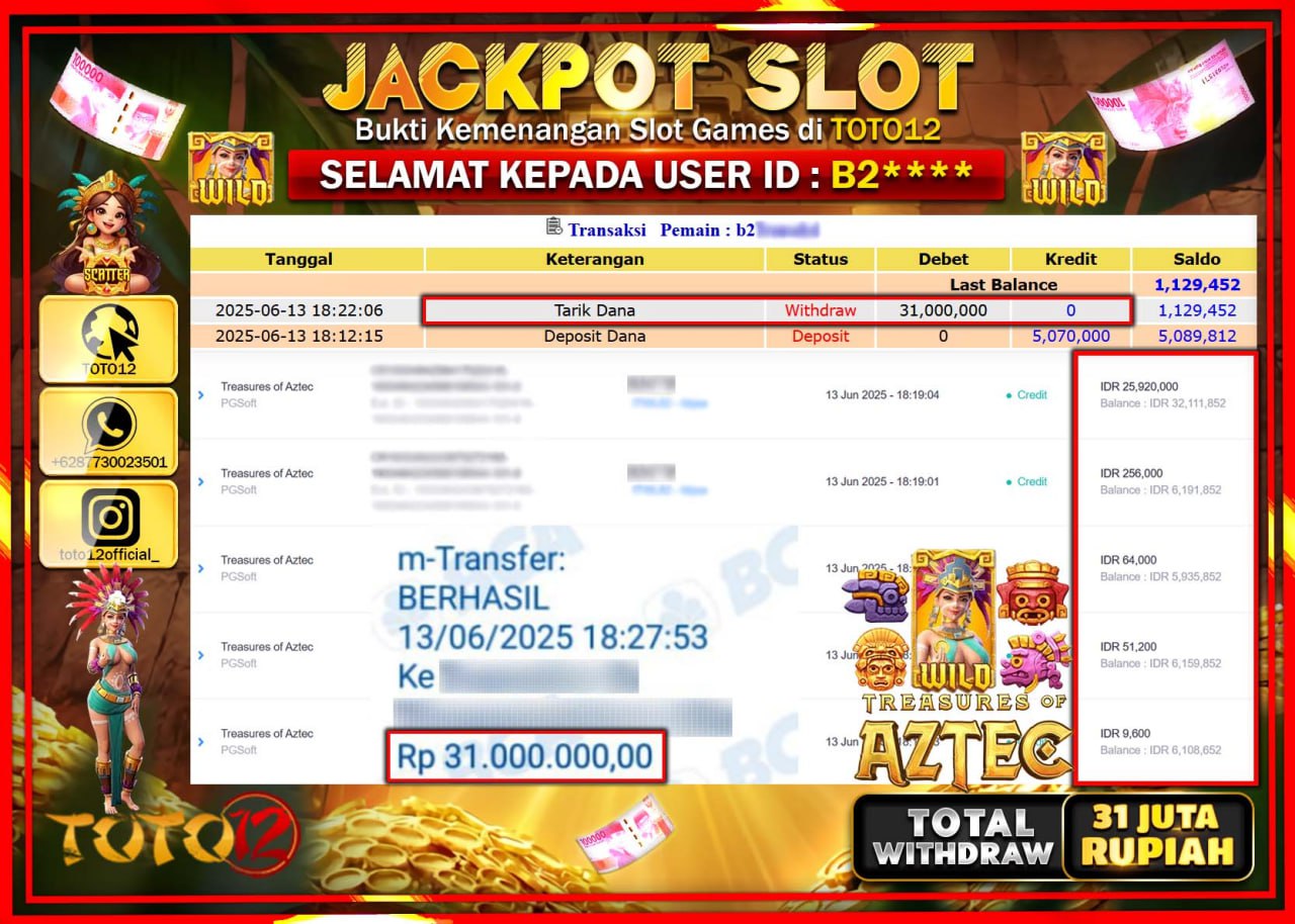 HANYA DI TOTO12 JP PASTI DI BAYAR LUNAS DAN CEPAT!!!!!! JACKPOT SLOT GAME (TREASURES OF AZTEC) Rp.31.000.000 !!!!