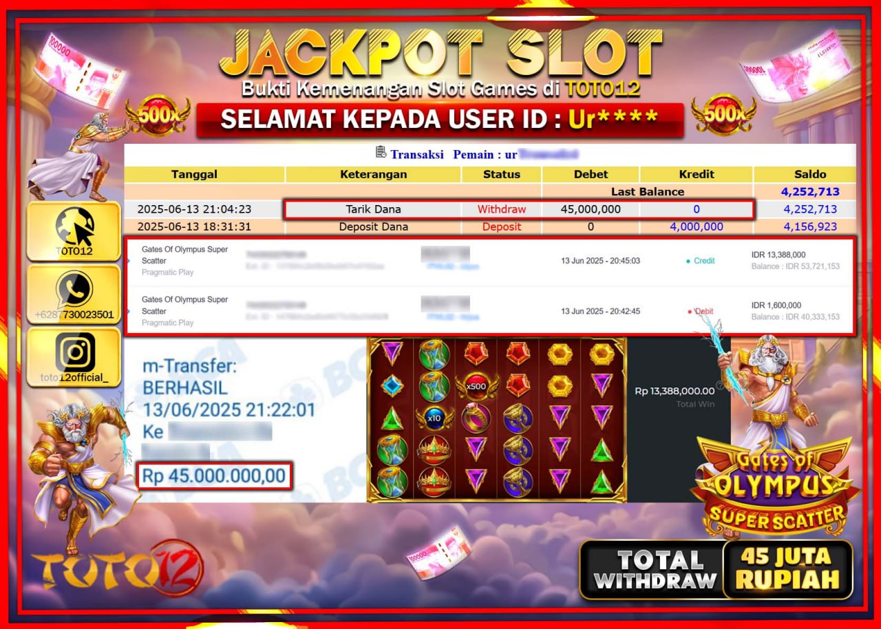 HANYA DI TOTO12 JP PASTI DI BAYAR LUNAS DAN CEPAT!!!!!! JACKPOT SLOT GAME (GATES OF OLYMPUS SUPER SCATTER) Rp.45.000.000 !!!!