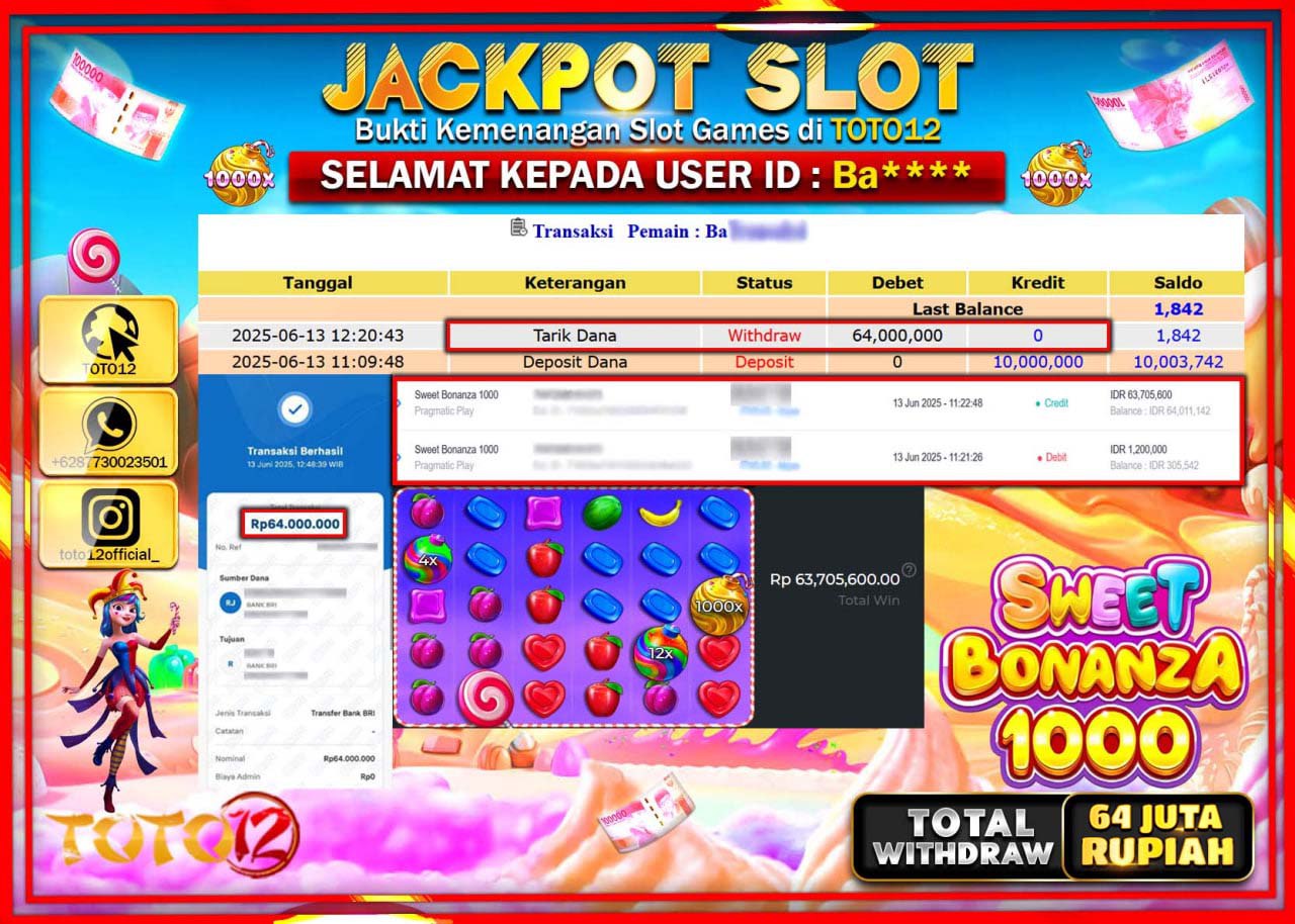 HANYA DI TOTO12 JP PASTI DI BAYAR LUNAS DAN CEPAT!!!!!! JACKPOT SLOT GAME (SWEET BONANZA 1000) Rp.67.000.000 !!!!
