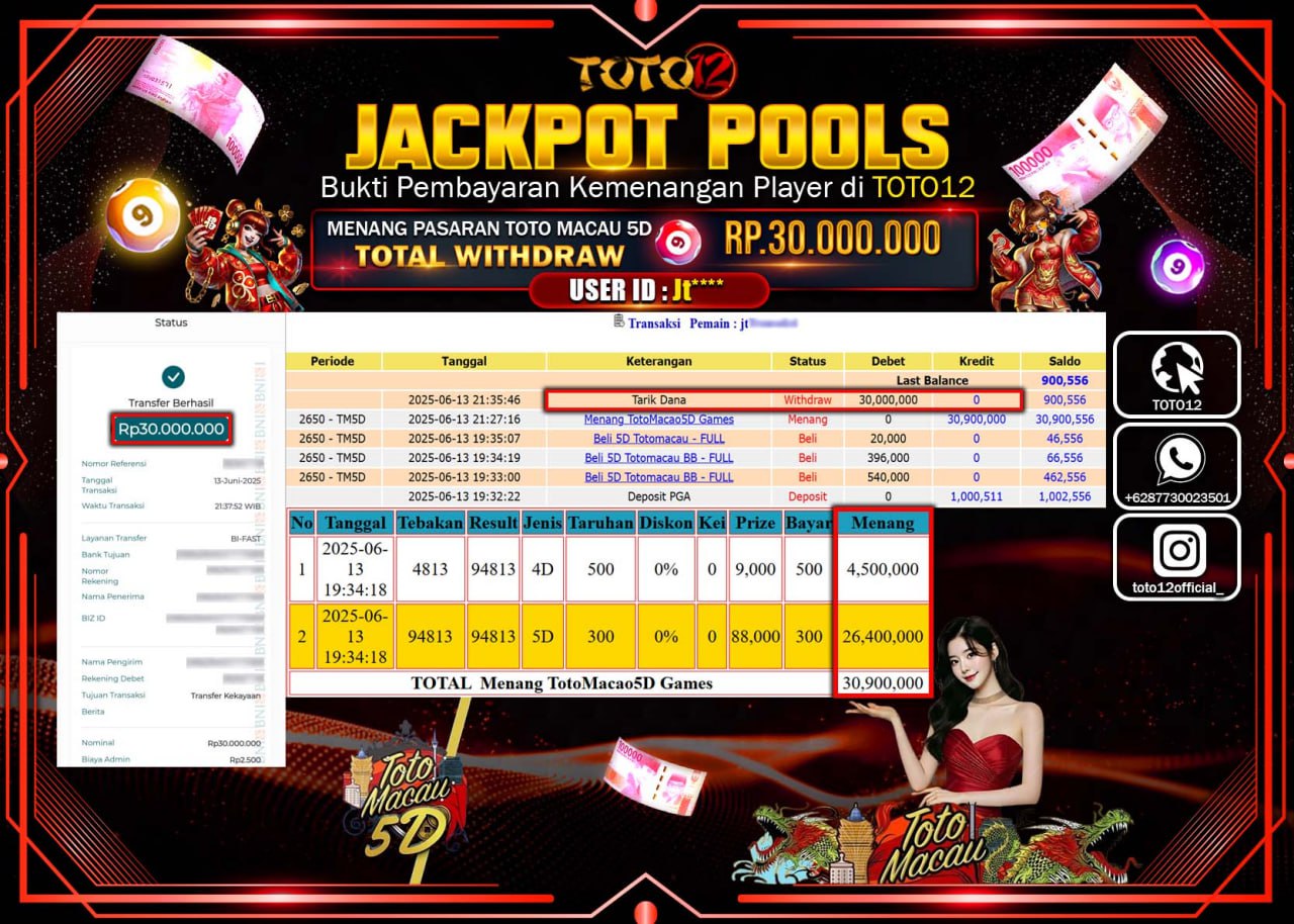 HANYA DI TOTO12 JP PASTI DI BAYAR LUNAS DAN CEPAT!!!!!! JACKPOT POOLS PASARAN (TOTO MACAU5D) Rp.30.000.000 !!!!
