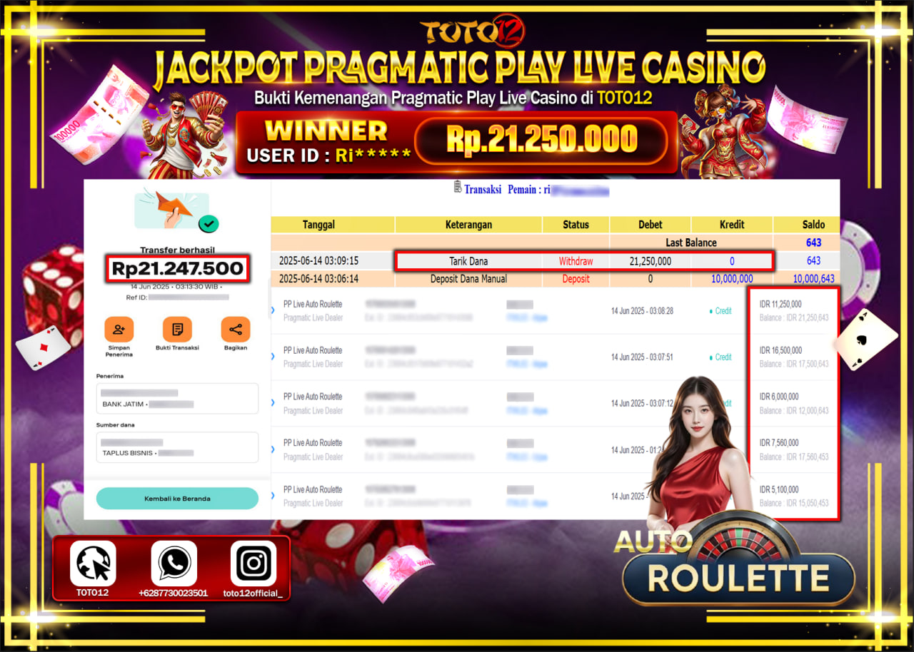 HANYA DI TOTO12 JP PASTI DI BAYAR LUNAS DAN CEPAT!!!!!! JACKPOT PRAGMATIC PLAY LIVE CASINO (AUTO ROULETTE) Rp.21.250.000 !!!!