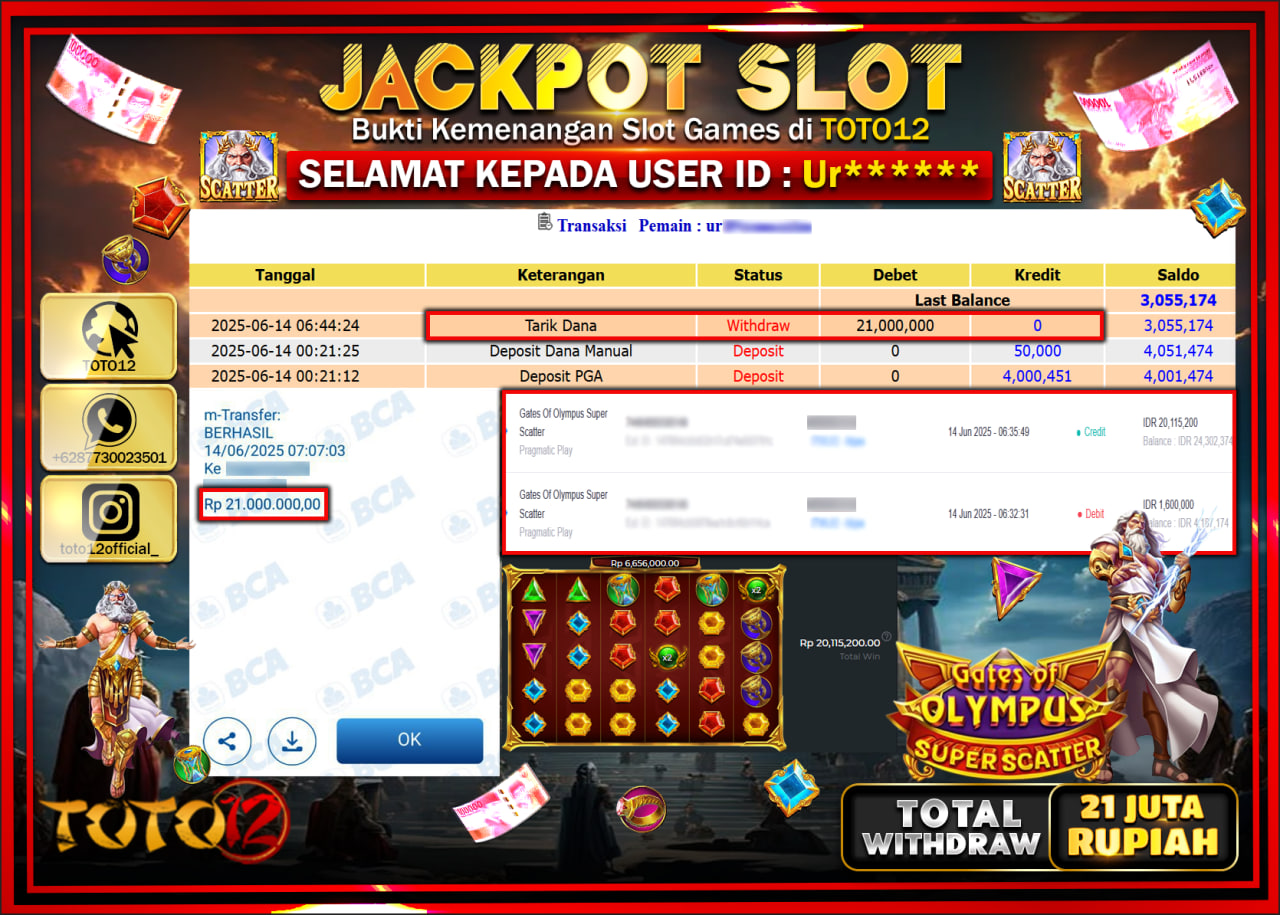 HANYA DI TOTO12 JP PASTI DI BAYAR LUNAS DAN CEPAT!!!!!! JACKPOT SLOT GAME (GATES OF OLYMPUS SUPER SCATTER) Rp.21.000.000 !!!!