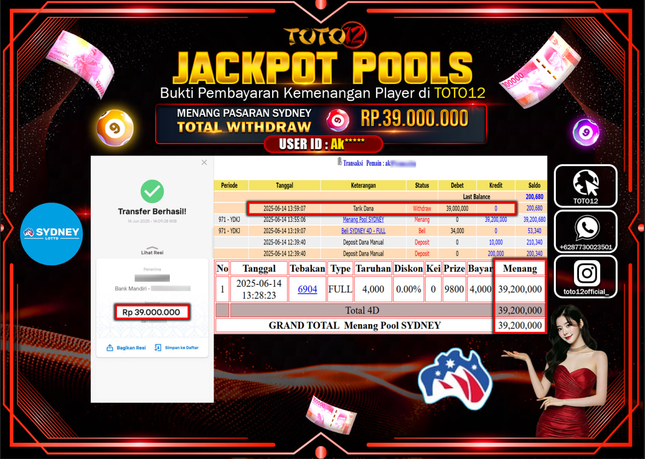 HANYA DI TOTO12 JP PASTI DI BAYAR LUNAS DAN CEPAT!!!!!! JACKPOT POOLS PASARAN (SYDNEY) Rp.39.000.000 !!!!